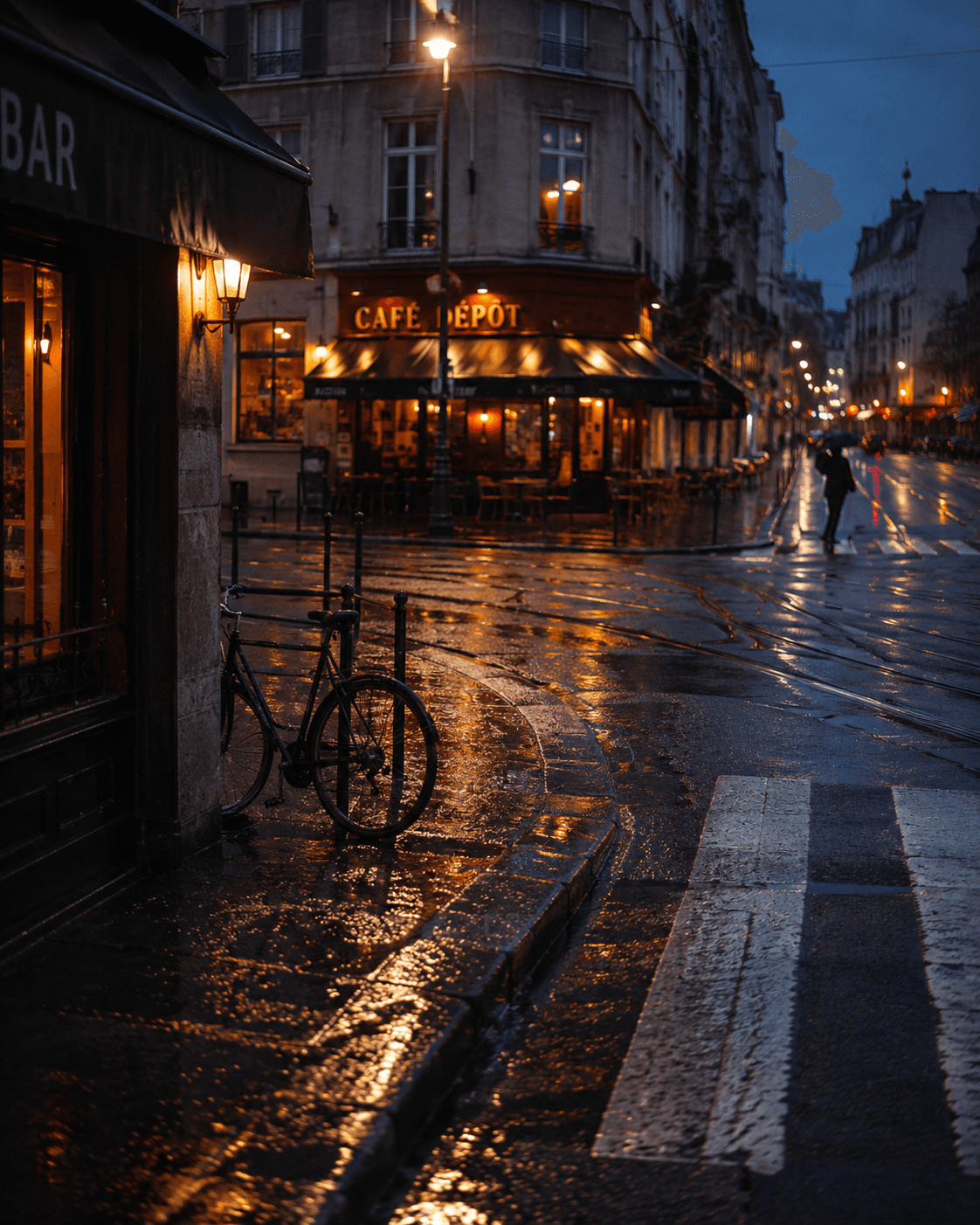 Une scène urbaine nocturne où les pavés mouillés reflètent les lumières chaudes des cafés. Le vélo, les enseignes et la silhouette au loin composent une atmosphère poétique, entre vie quotidienne, mélancolie et charme intemporel de la ville.
